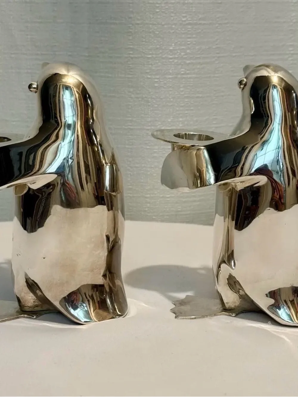 Restoration Hardware Silver Plated Penguin Taper Candle Holders Pair EUC